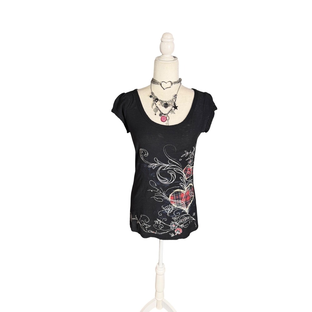 Y2K Fang Emo Heart Graphic Baby Tee Black Scene Grunge Top Size Large